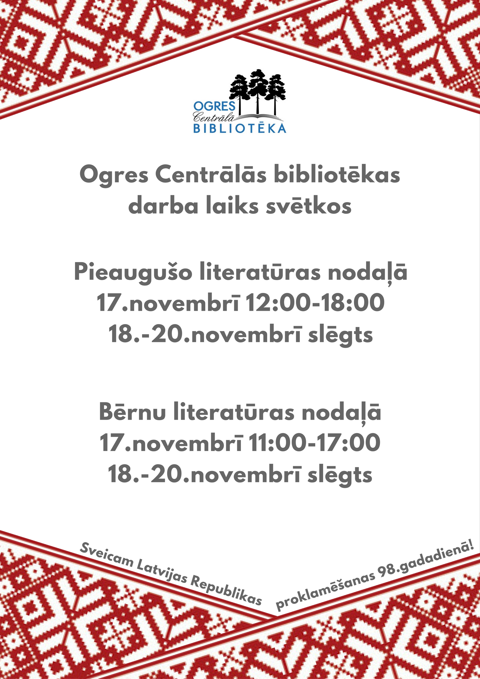 Bibliotēkas darba laiks svētkos OCB